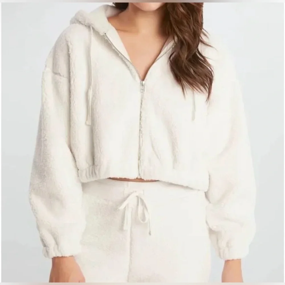 Sundown by Splendid Bowie Hooded Sherpa Crop Jacket in Ivory, Sz L (P2P 23”)
